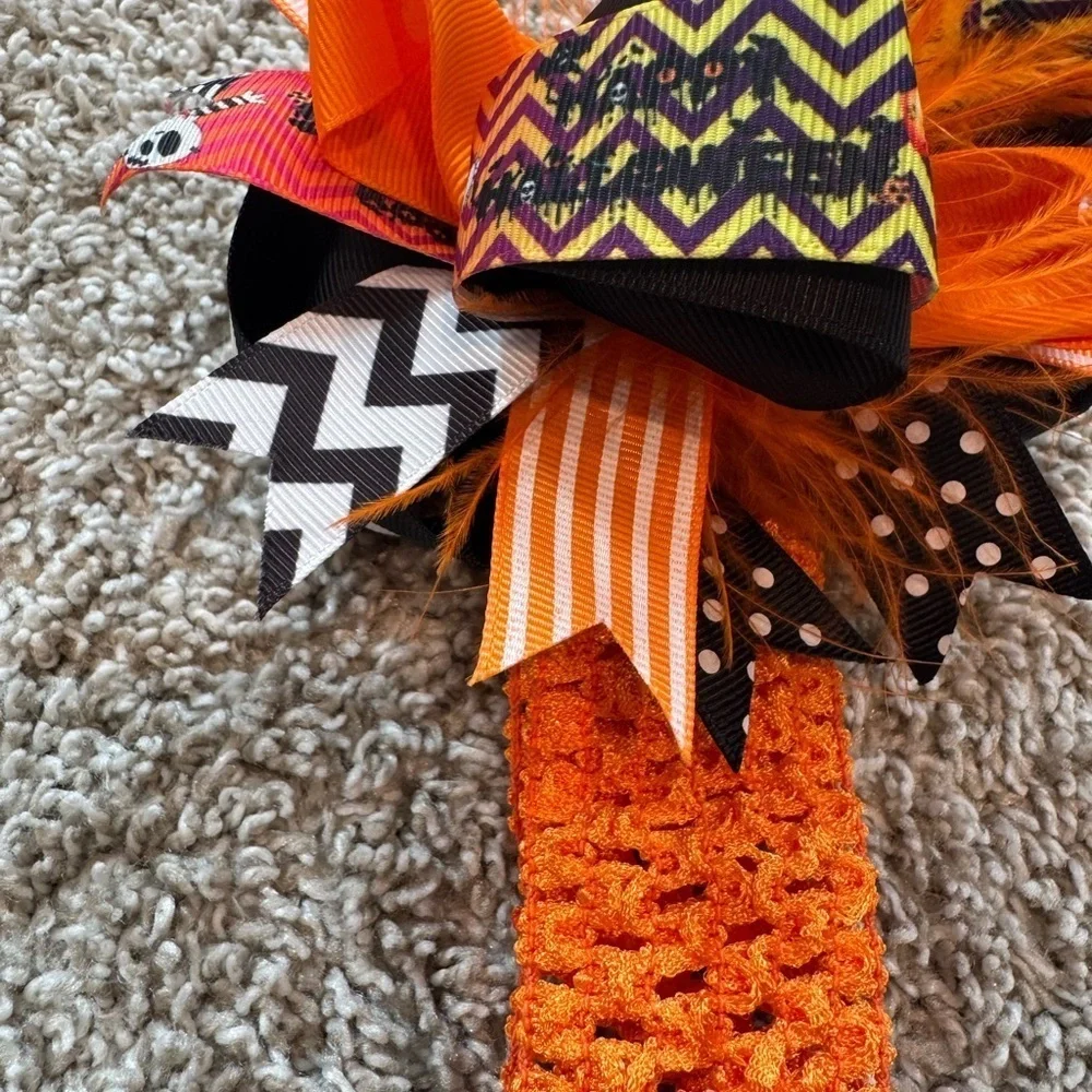 Baby girls halloween headband Orange and Black Hair Bow with Feathers festive